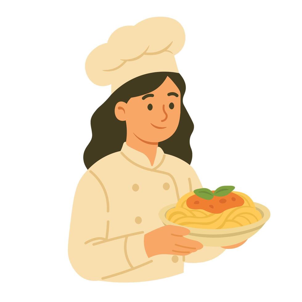Smiling female chef holding a plate of pasta with tomato sauce, isolated, flat cartoon style. vector