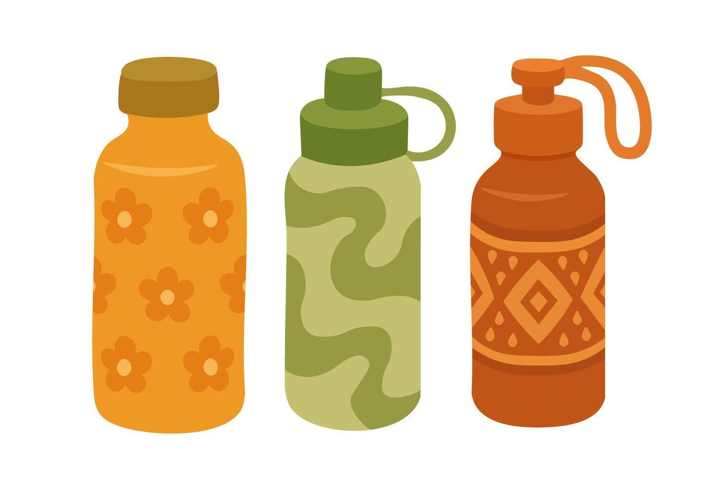 Three reusable water bottles with decorative patterns in flat cartoon style illustration. vector