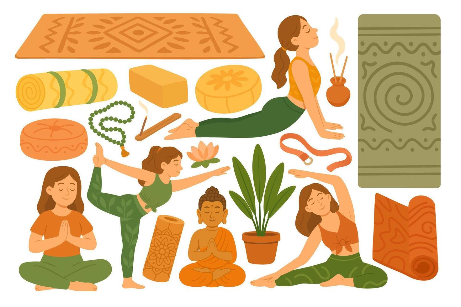 collection of yoga elements and poses with props, plants and peaceful mood. vector
