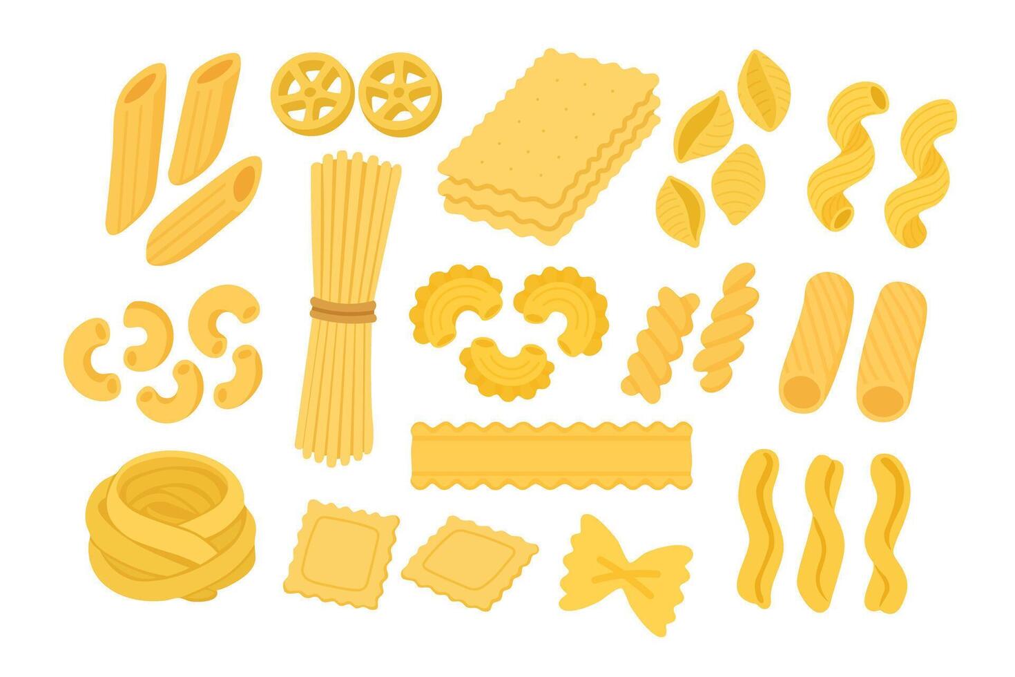 Flat cartoon collection of different pasta types in doodle style for cooking and italian cuisine. vector