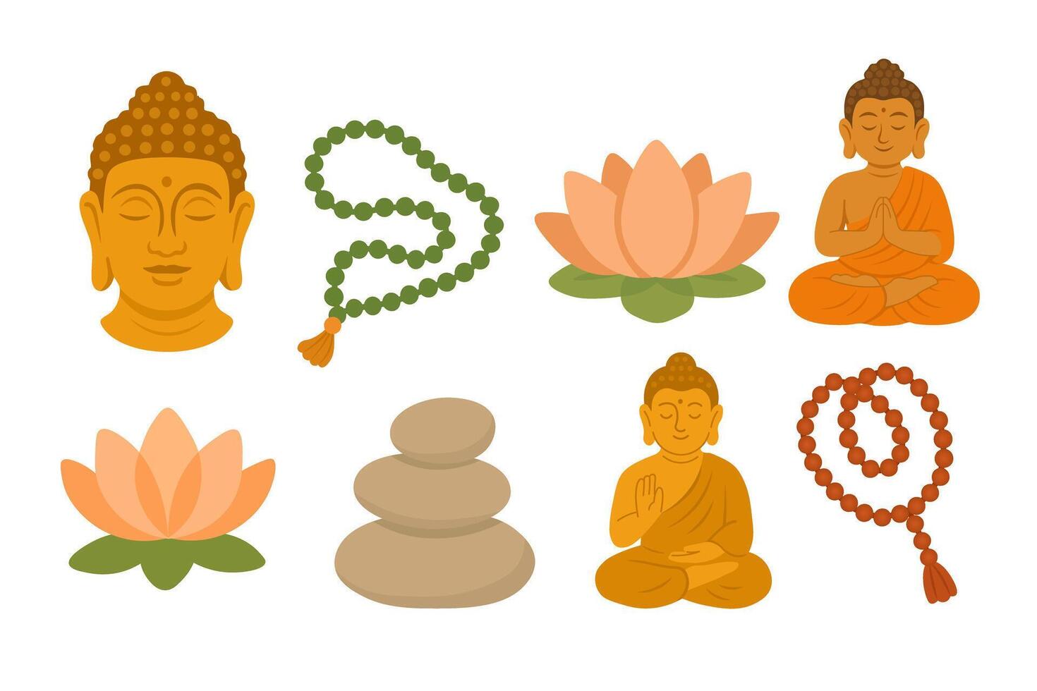 Set of cartoon icons including Buddha, lotus, prayer beads and stones for meditation. vector