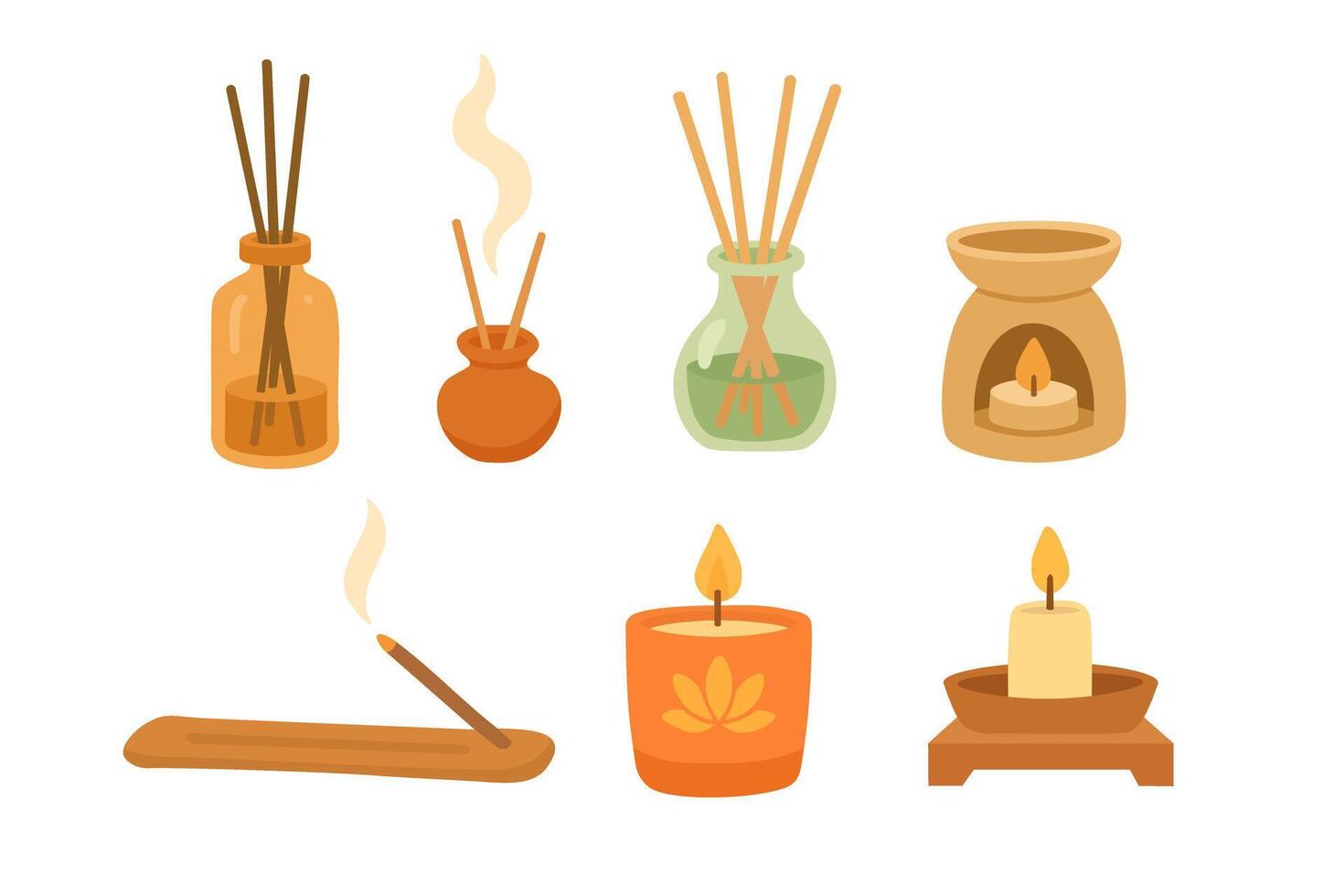 Flat cartoon set with aroma sticks, candles and oils for wellness, meditation and yoga. vector