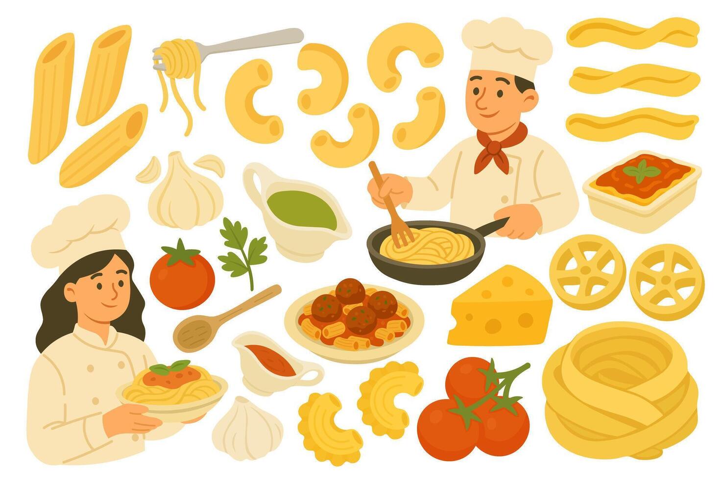 Cartoon set with pasta, sauces, vegetables, cheese and Italian chefs in flat doodle style. vector