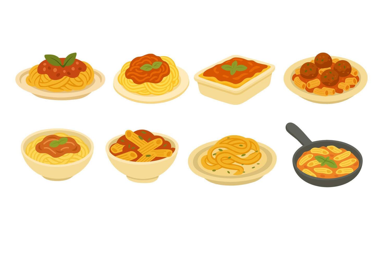 Collection of delicious Italian pasta dishes in flat doodle cartoon style isolated on white background. vector