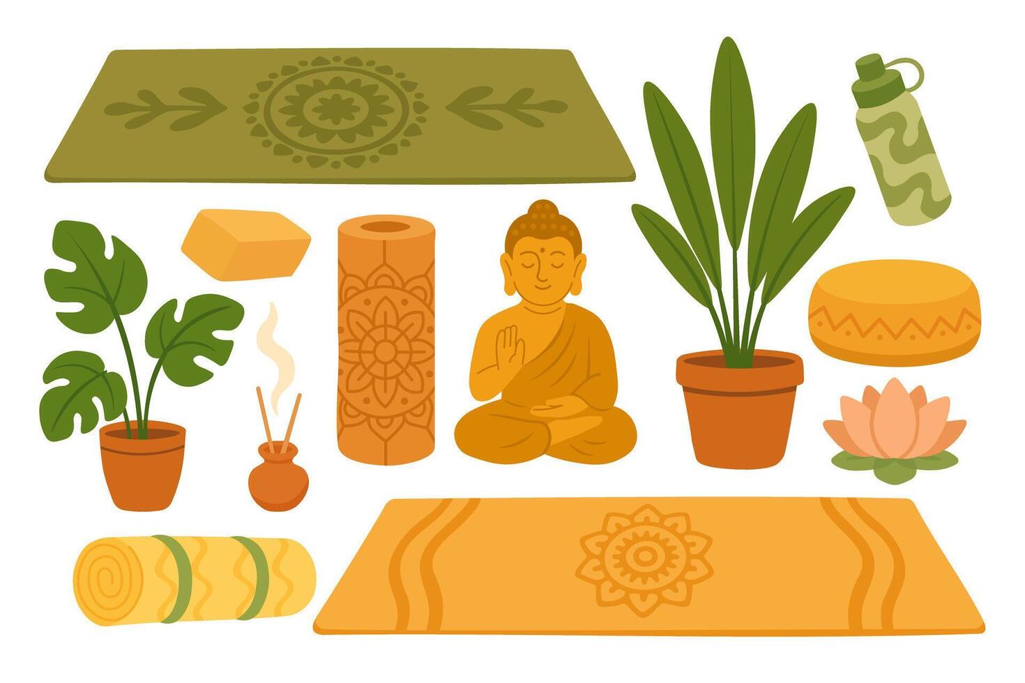 yoga accessories in warm tones for wellness, sport and meditation projects. vector