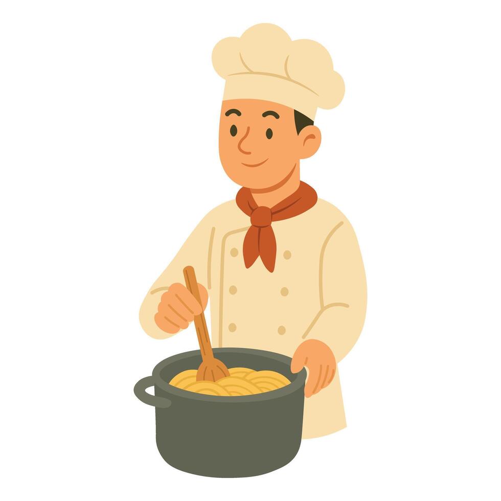 Smiling chef stirring pasta in a pot, isolated on white background, flat cartoon style. vector