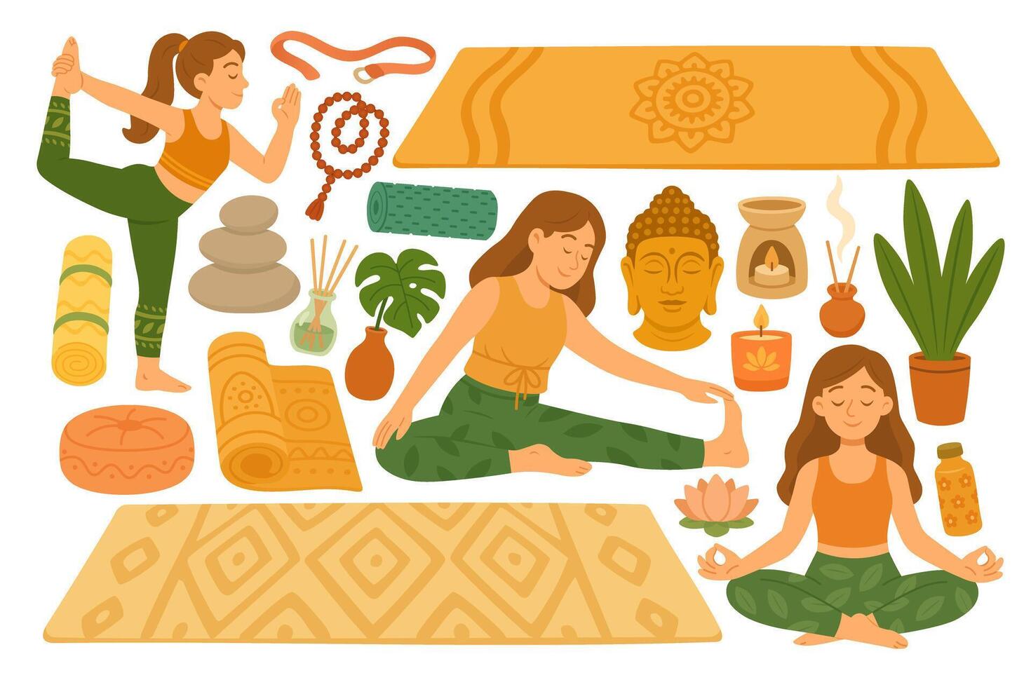 illustration with yoga girls, props, plants and calming spiritual atmosphere. vector