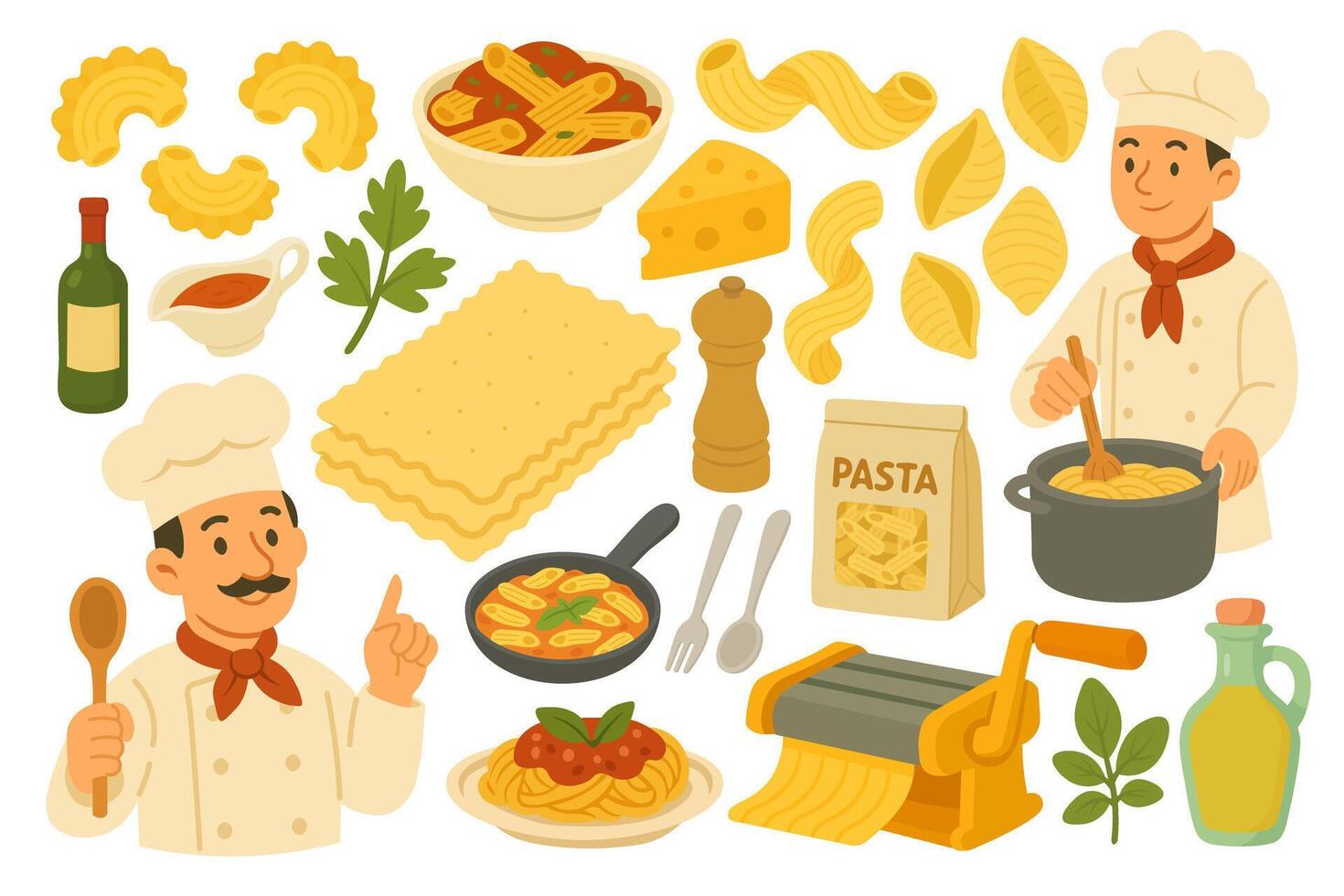 Cute set of pasta, sauces, ingredients, pasta machine and Italian chefs in cartoon flat style. vector
