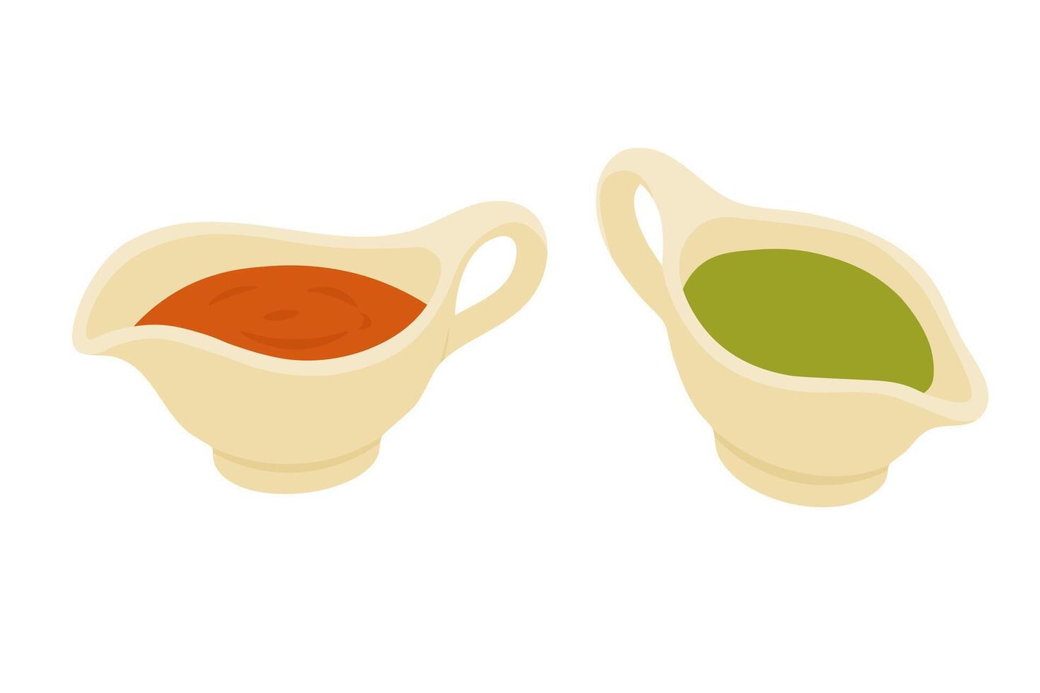 Flat cartoon set of italian sauces in gravy boats, perfect for pasta and delicious dishes. vector