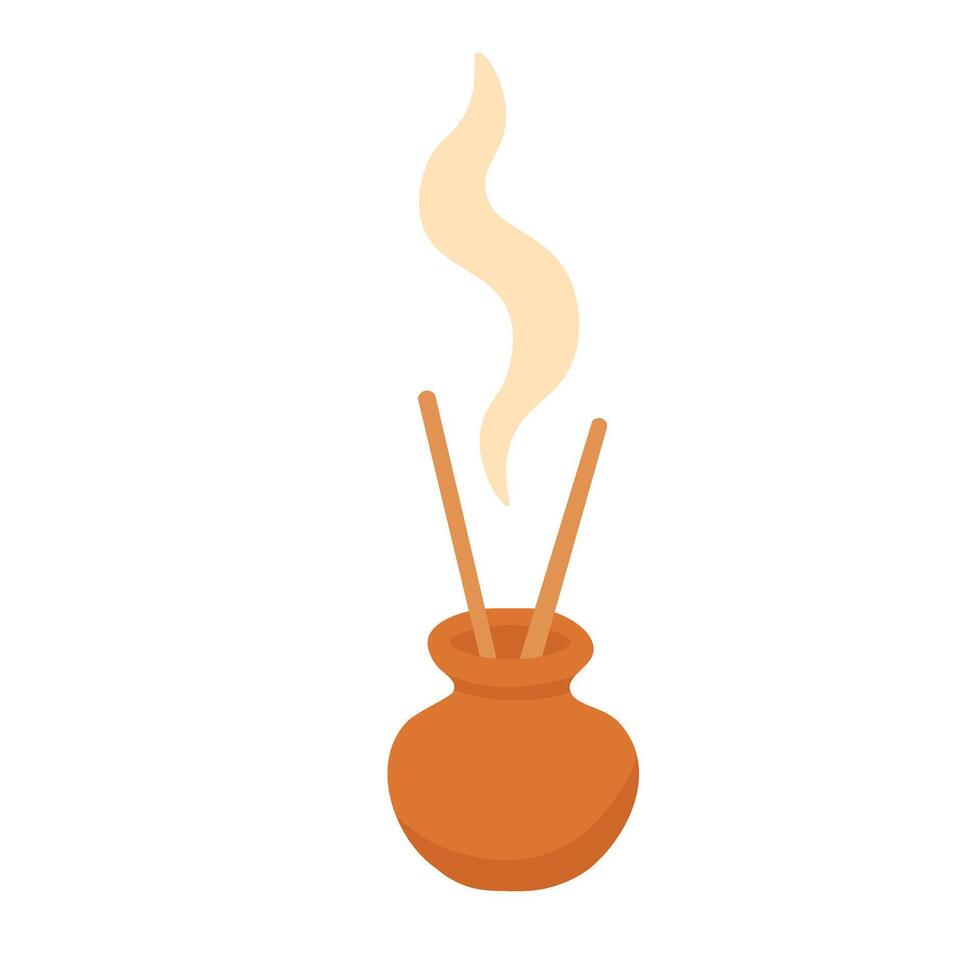 cartoon incense sticks with smoke in clay vase. Great for yoga, meditation, relaxation. vector