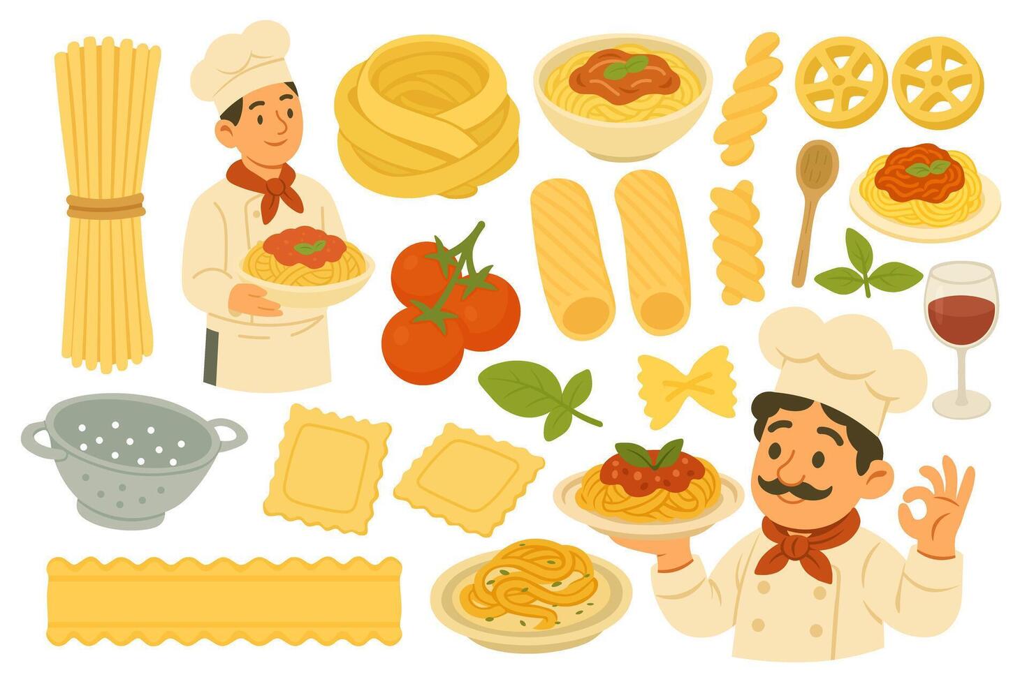 Big collection of Italian pasta dishes, ingredients and chefs in flat cartoon doodle style. vector