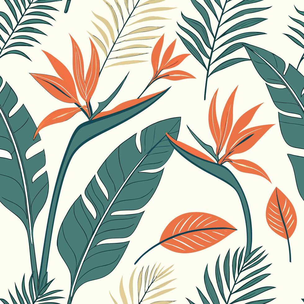 Watercolor tropical florals with banana leaves, birds of paradise bright coral and citrus hues, beachy pattern vector