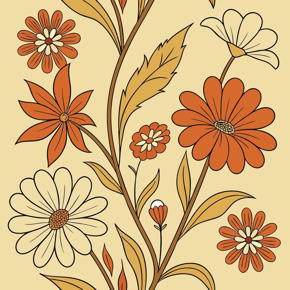 Groovy Daisy Flower Print in Mustard and Olive Palette vector