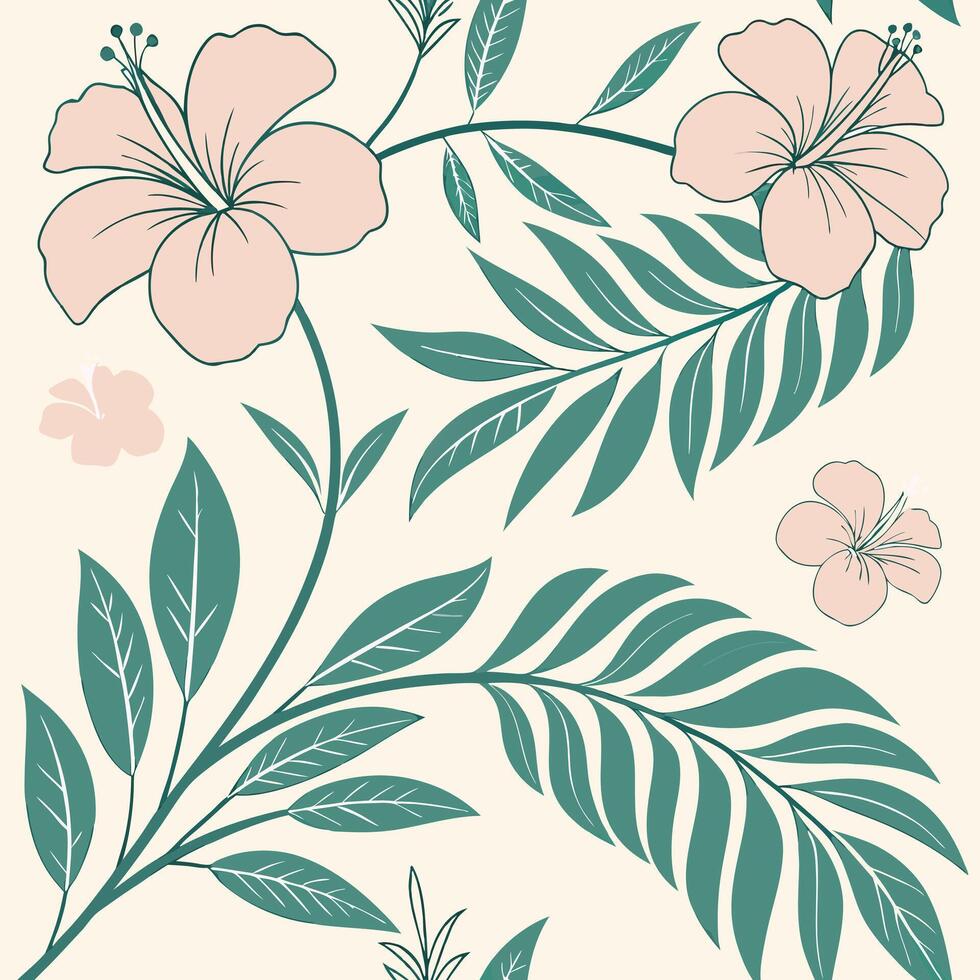 Seamless Tropical Floral Pattern in Soft Blush Tones with Artistic Leaves and Flowers Suitable for Various Design Applications vector