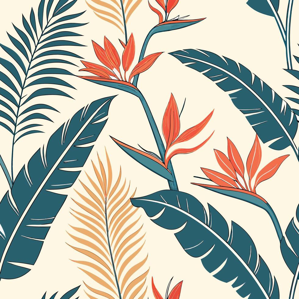 Seamless Beachy Pattern with Banana Leaves and Coral Flowers vector