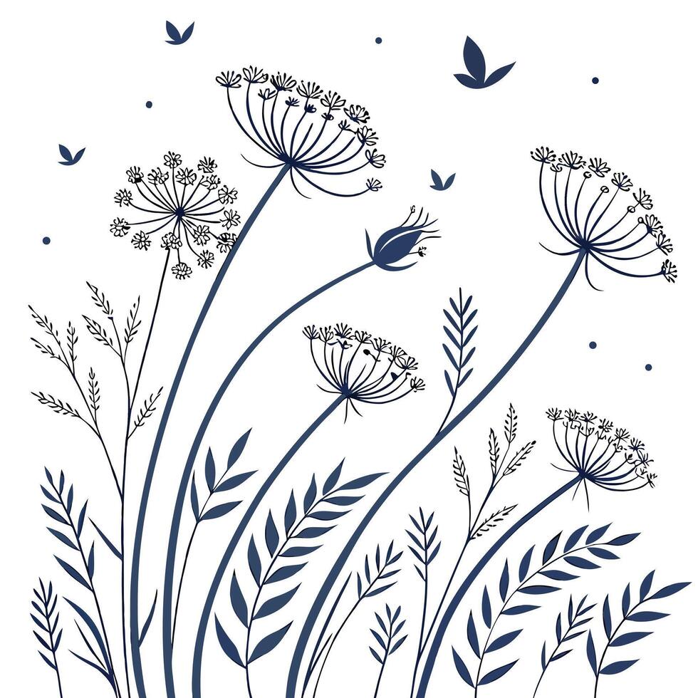 Delicate Fine Line Wildflower Illustrations Scattered Design Hand-Drawn Botanical Art Nature Inspired Background Digital Art vector
