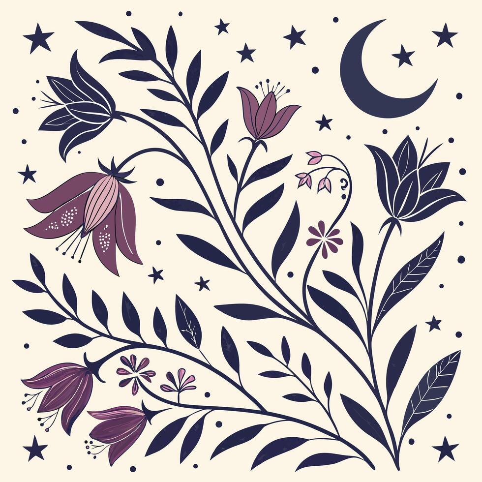 Celestial-Inspired Boho Floral Seamless Pattern Mystical Design Tribal Accents Decorative Wall Art Textile Fabric Design vector