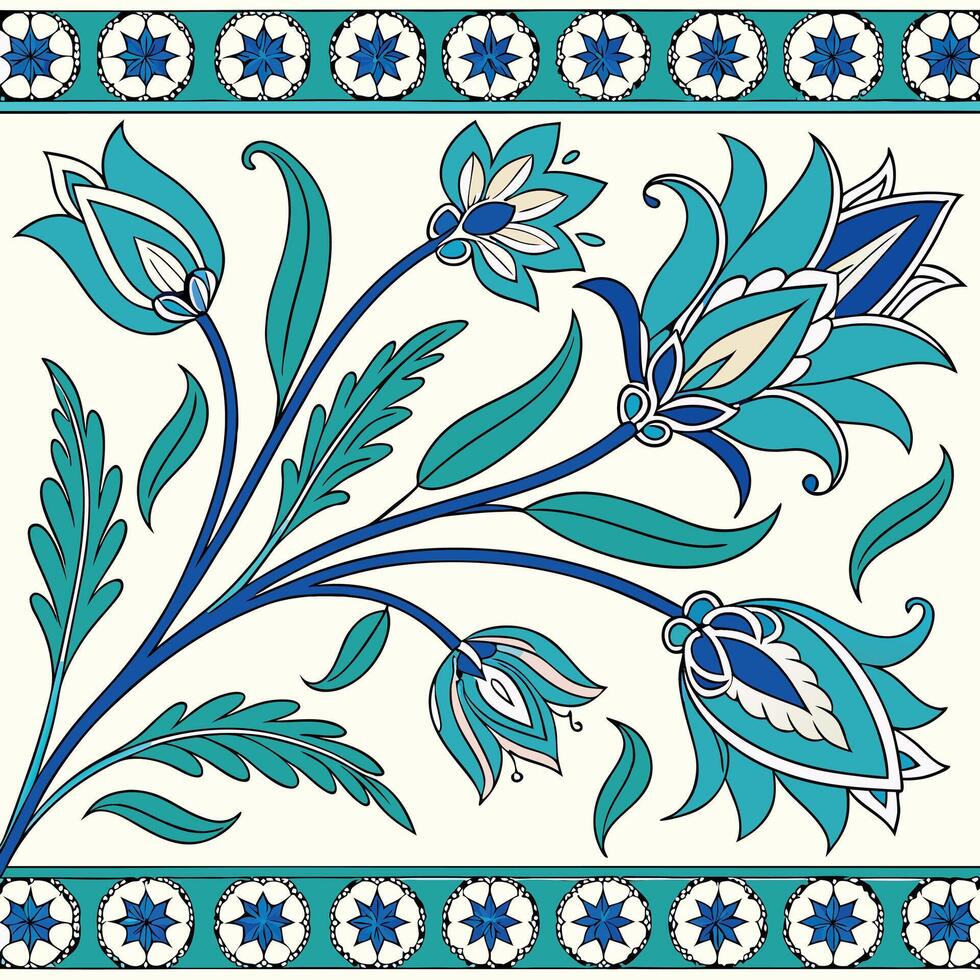 Symmetrical Ottoman Iznik Tile Style Seamless Design Traditional Floral Motifs Ornate Pattern Historical Art Decorative Background vector