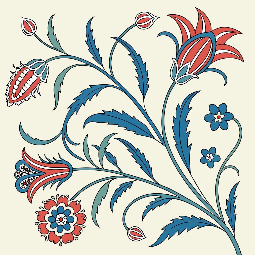Historical Iznik Seamless Tile Design Featuring Traditional Ottoman Floral Motifs in Blue and Red vector