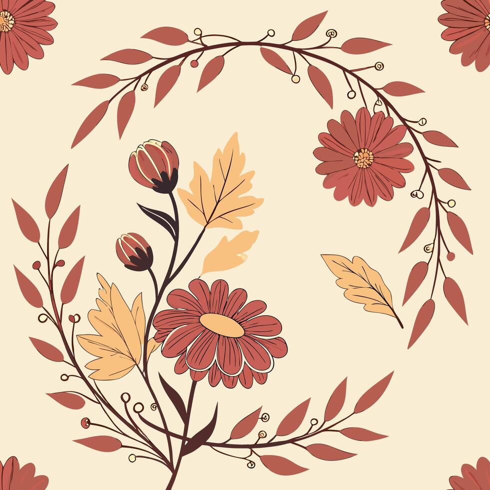 Seamless Autumn Floral Pattern with Circular Arrangements of Fall Leaves and Petals for Fabric and Wallpaper Design vector