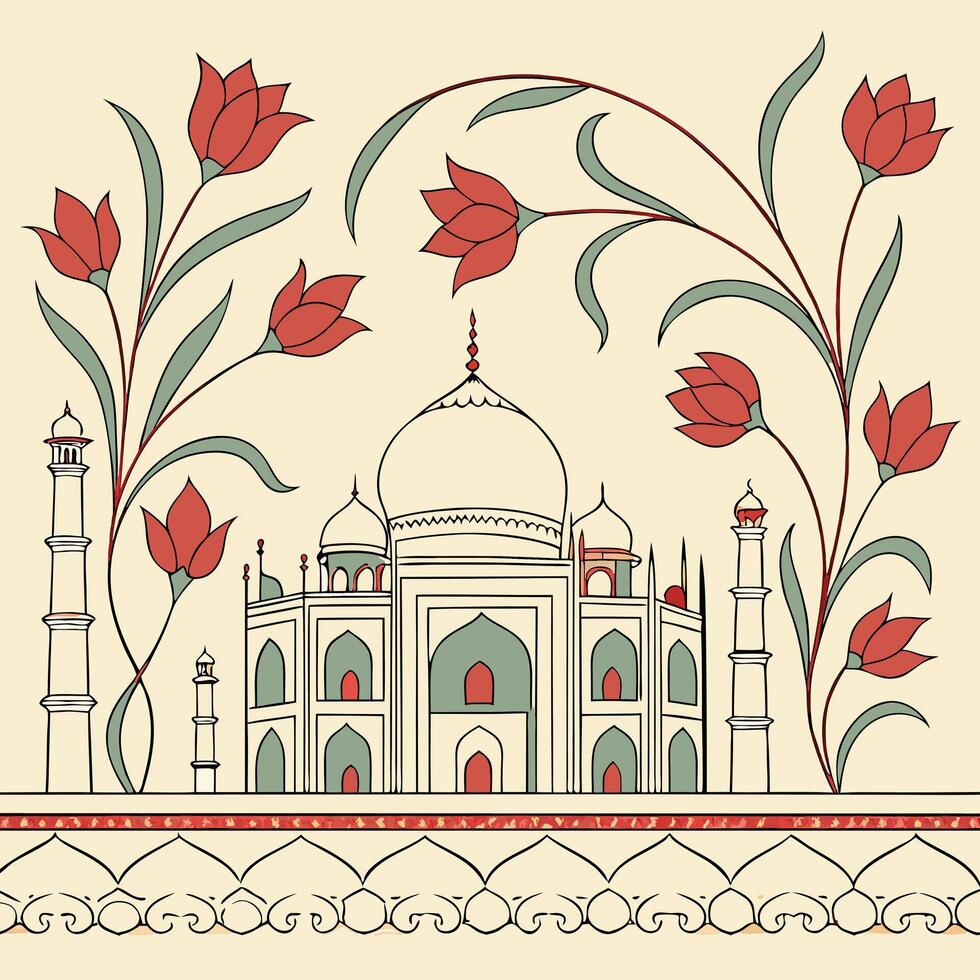 Traditional Mughal Garden Pattern with Stylized Lotuses and Poppies in Pastel Tones vector