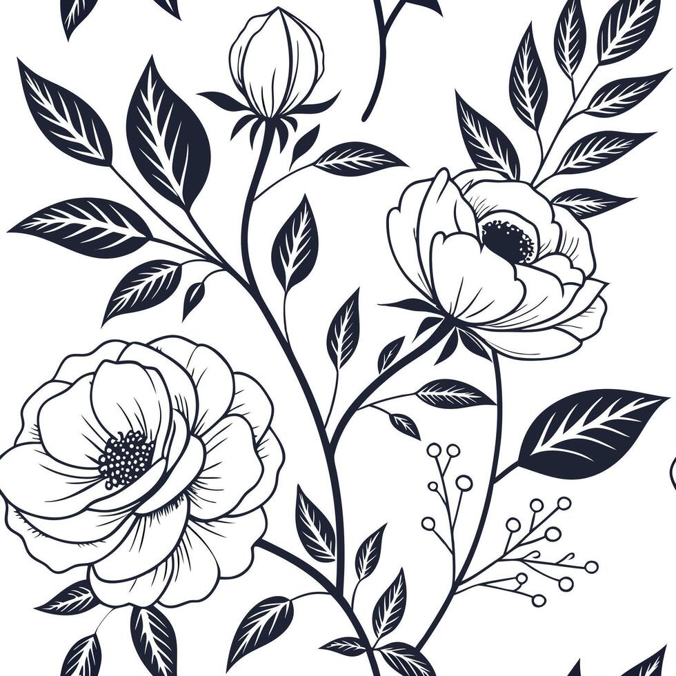 Elegant Black and White Floral Seamless Design for Wallpaper vector