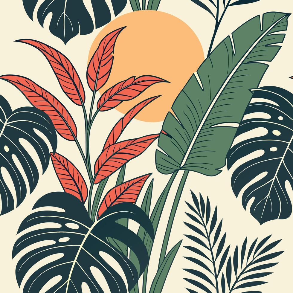 Bold Tropical Seamless Pattern with Monstera and Palm Leaves vector