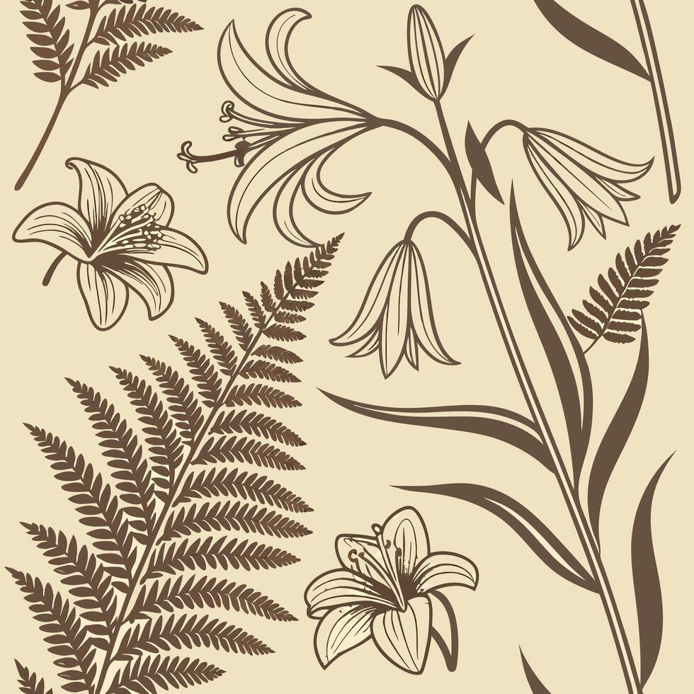Black and white line art garden flowers and ferns delicate sketch style botanical drawings for prints and patterns vector