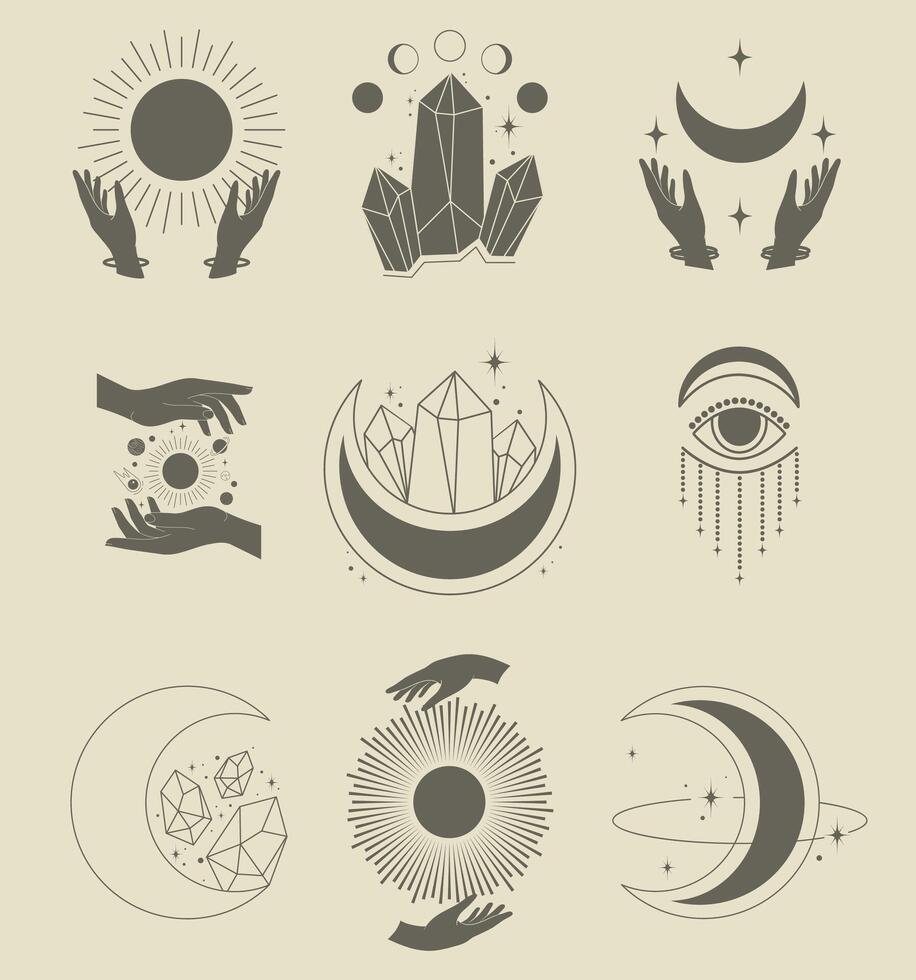 Bohemian linear logo icon set. Line art healing crystal and moon vector