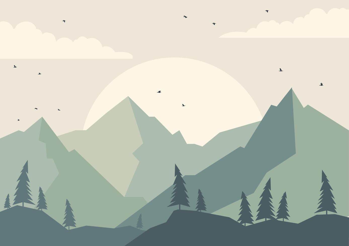 Contemporary aesthetic mountains landscape art. Spring valley with cloudscape vector