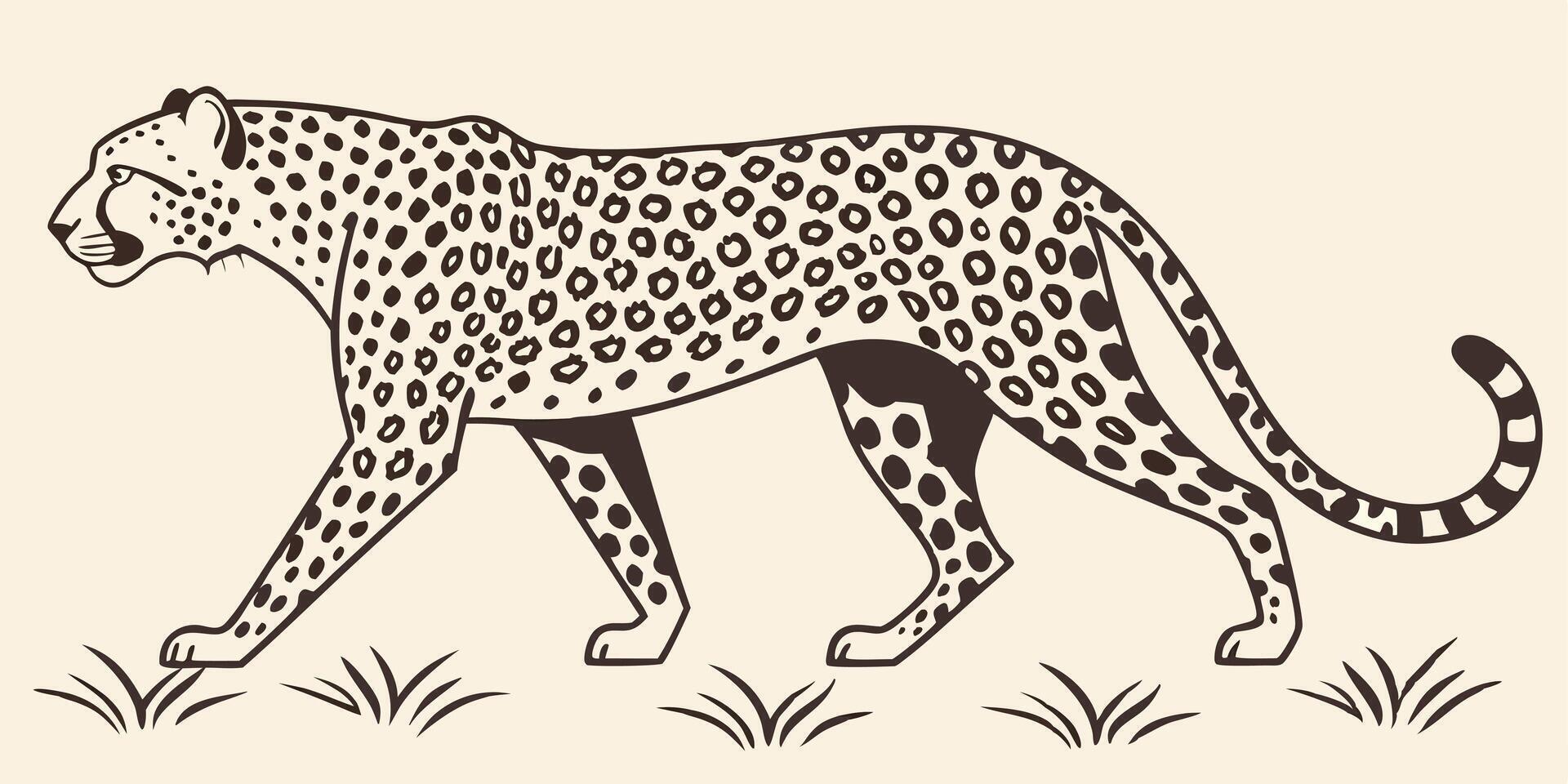 Seamless leopard print pattern with beige background and stylized leopard walking in safari landscape vector