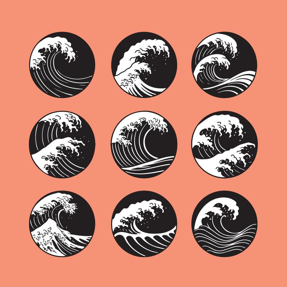 Nine Unique Black and White Wave Designs in Circles Japanese Style Ocean Water Graphics vector