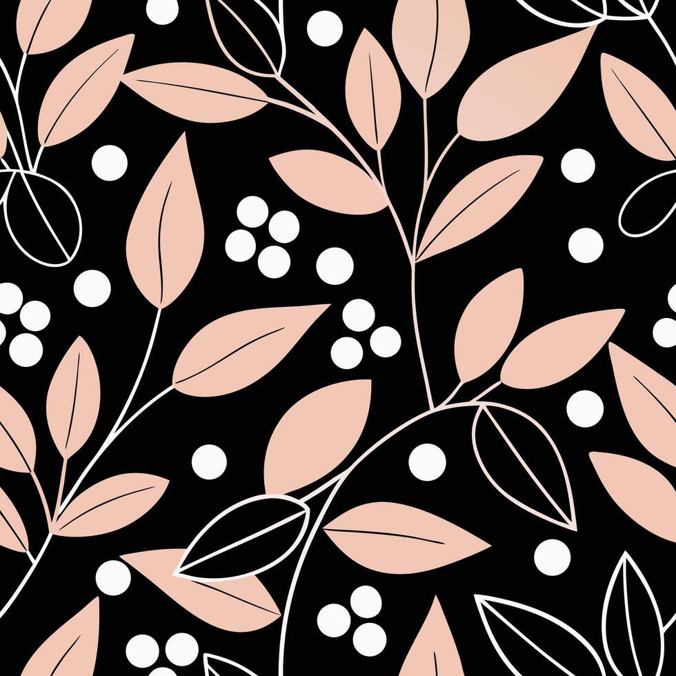 Elegant Abstract Floral Pattern with Peach Leaves and White Dots on Black Background vector