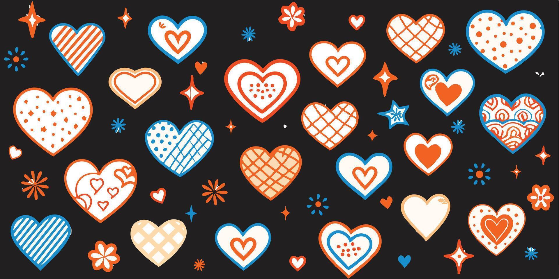 Collection of Ornate Hearts Pattern Orange Blue White on Black Background vector