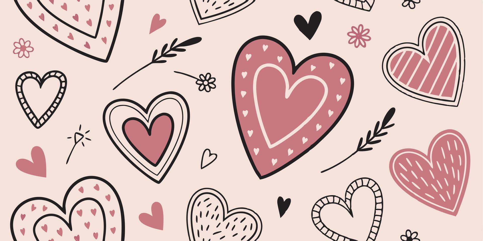 Charming Pink and Black Hand Drawn Hearts Pattern Background for Valentines Day vector