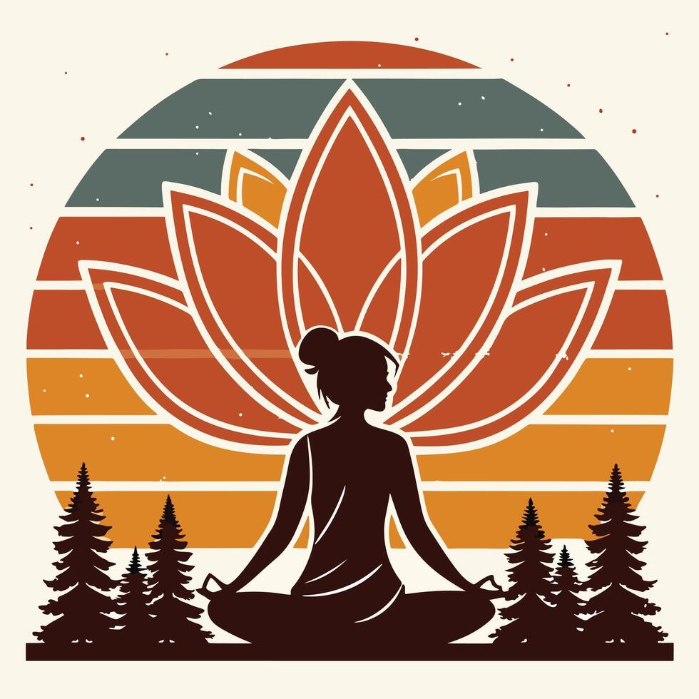 Woman Meditating in Lotus Position at Sunset with Forest Silhouette vector