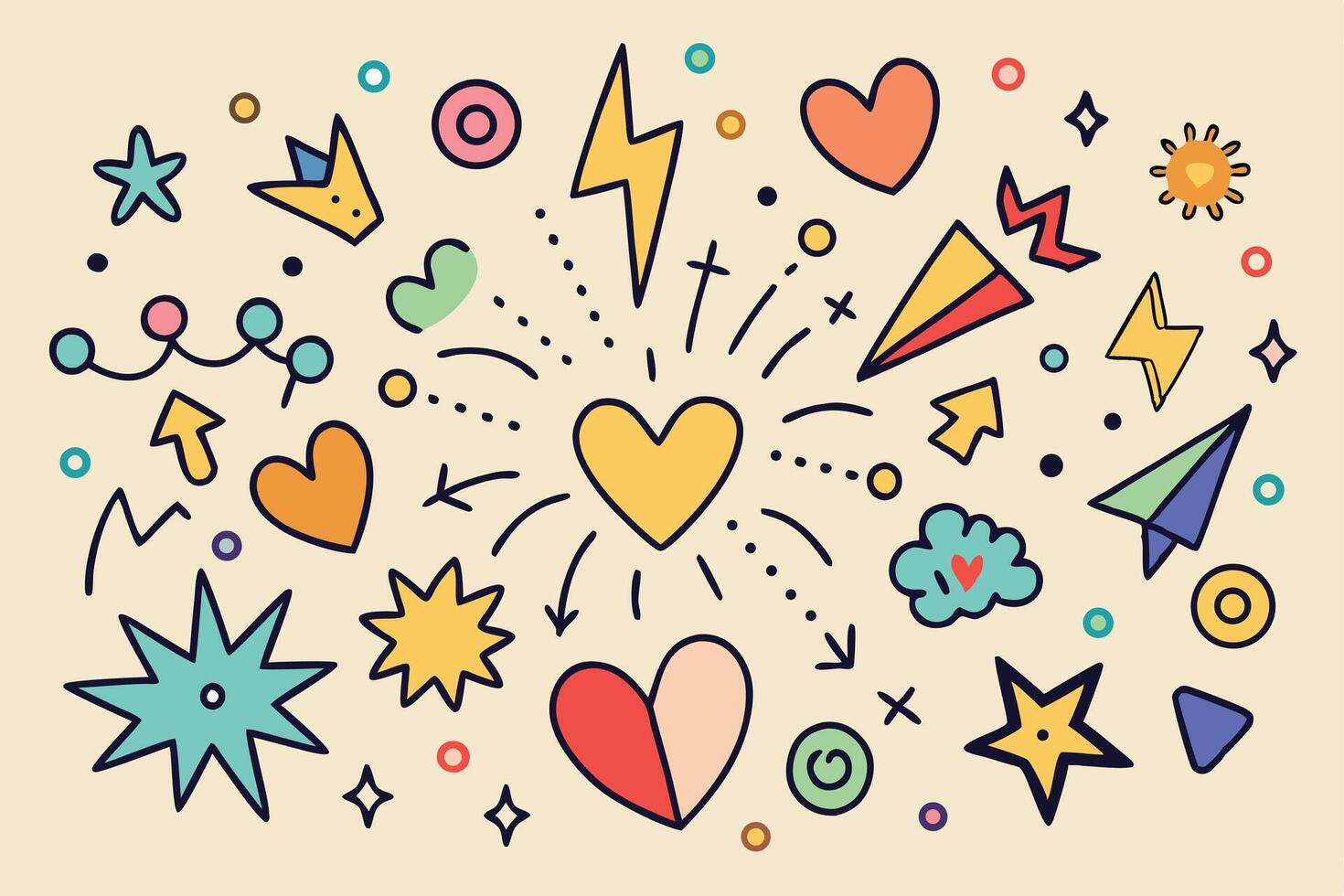 Seamless doodle design with playful colorful hand drawn elements including hearts stars and symbols vector