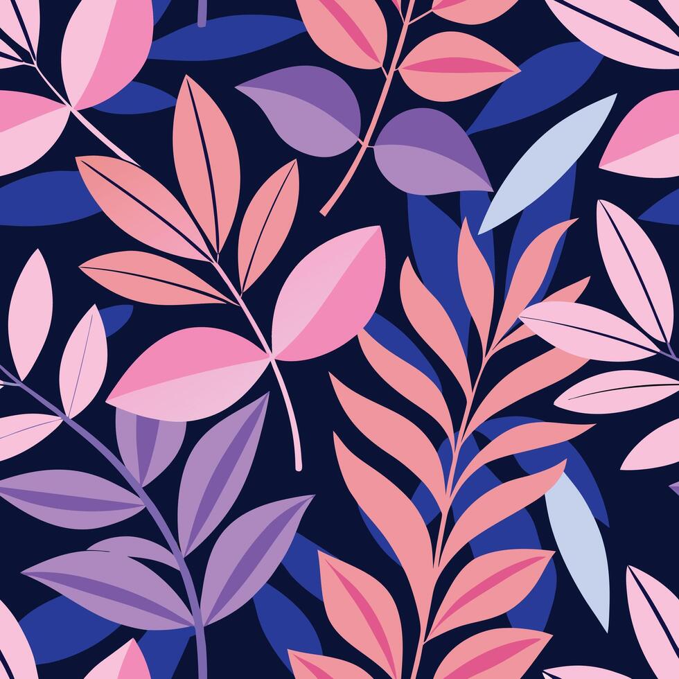 Seamless Pattern with Abstract Pink Purple and Blue Leaves on Dark Background vector