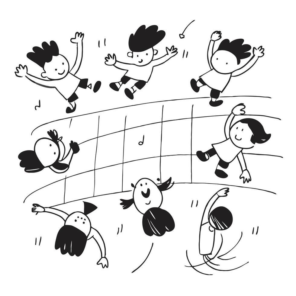 Joyful Children Playing on a Grid Line Drawing Illustration vector