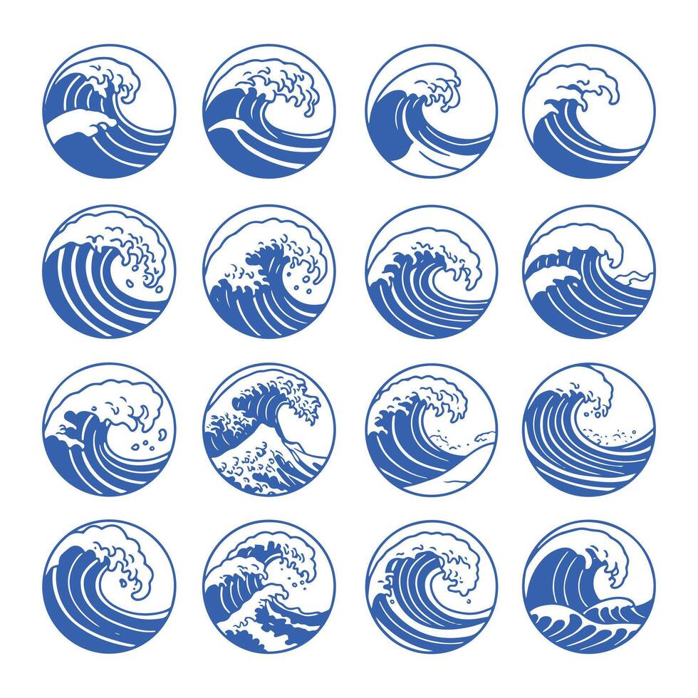 Sixteen Blue Wave Circle Icons Set Japanese Style Ocean Water Design Elements vector