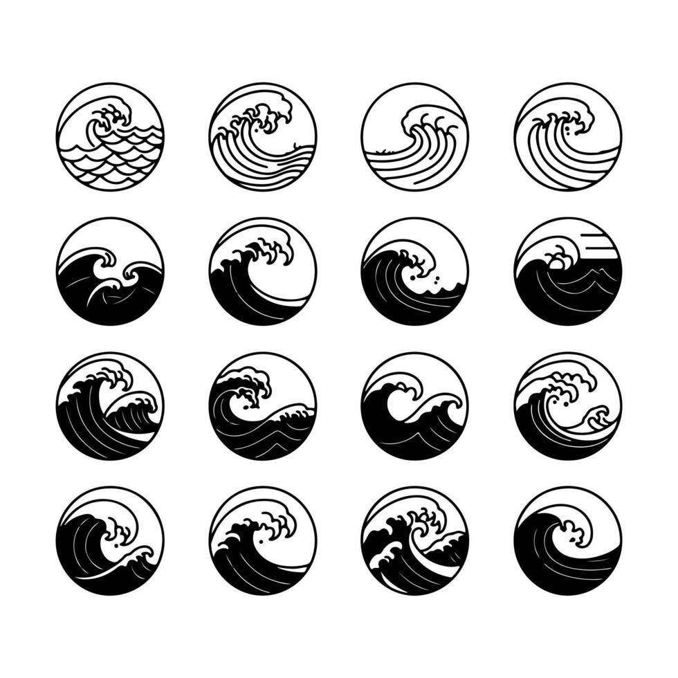 Sixteen Unique Black and White Wave Circle Designs Ocean Wave Icons Set Graphic Elements vector