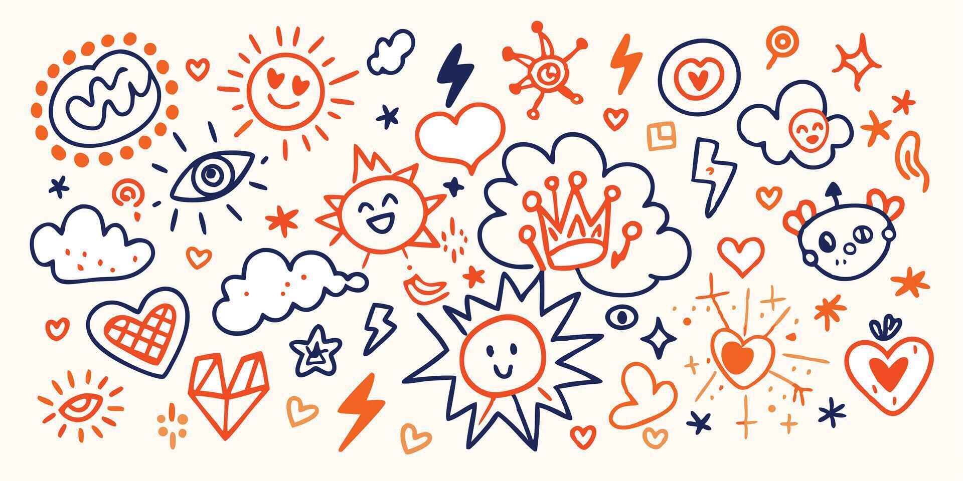 Hand Drawn Doodle Collection of Cute Sun Hearts Clouds and More vector