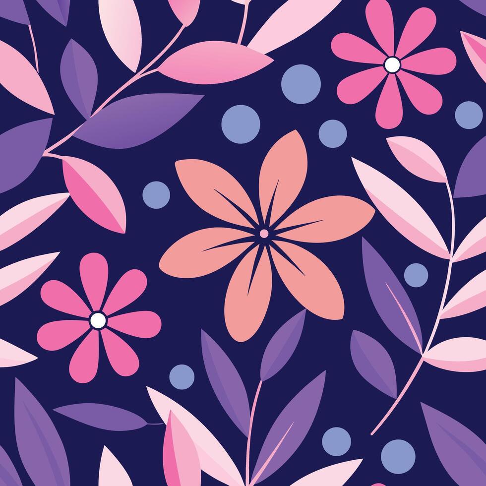 Seamless floral pattern with modern pink and purple flowers and leaves on a dark navy blue background vector