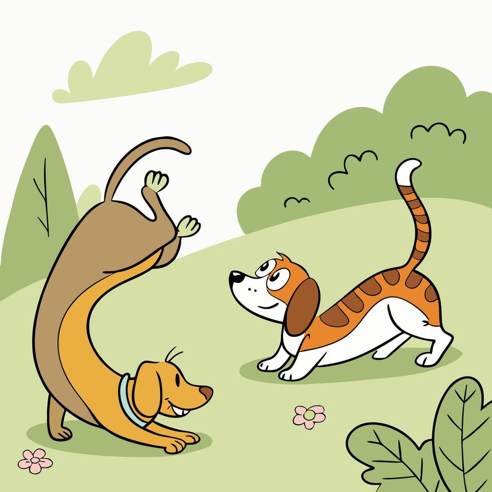 Two Adorable Dogs Playing in a Sunny Park Engaging in Playful Activities vector