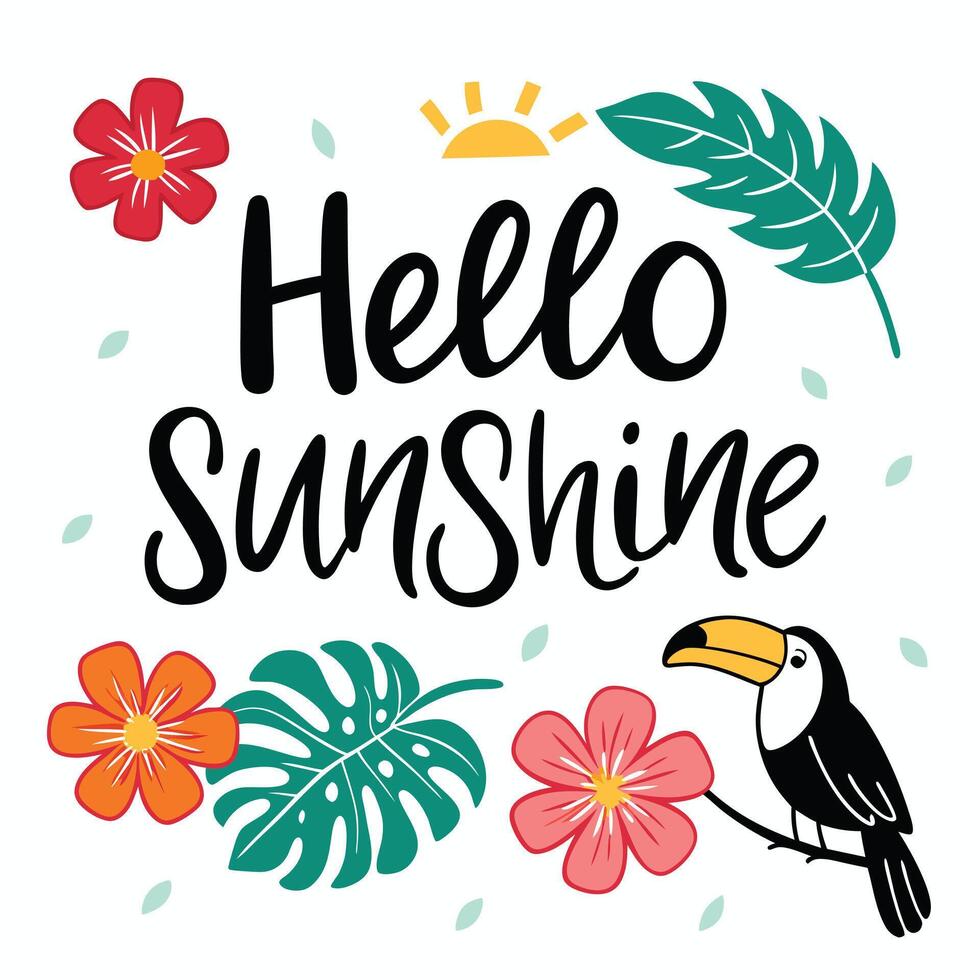 Tropical Summer Hello Sunshine Greeting Card with Toucan Bird Flowers and Leaves Illustration vector