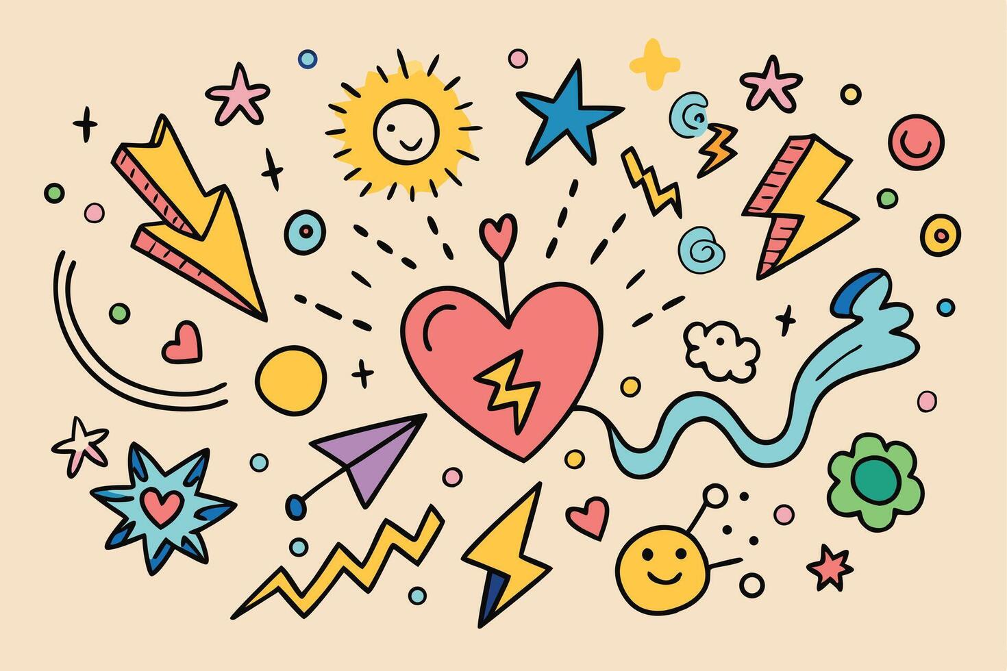 Vibrant Hand Drawn Doodle Art Featuring a Central Heart with Lightning Bolt vector