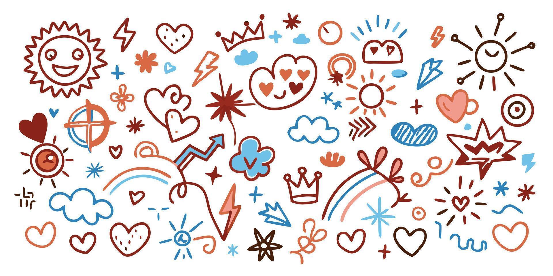Collection of Hand Drawn Cute Doodle Icons Hearts Suns Clouds Stars Arrows vector