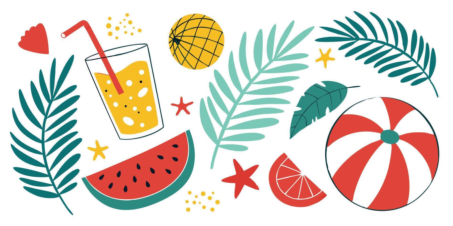 Vibrant Summer Illustration Featuring Tropical Elements and Refreshing Drinks vector