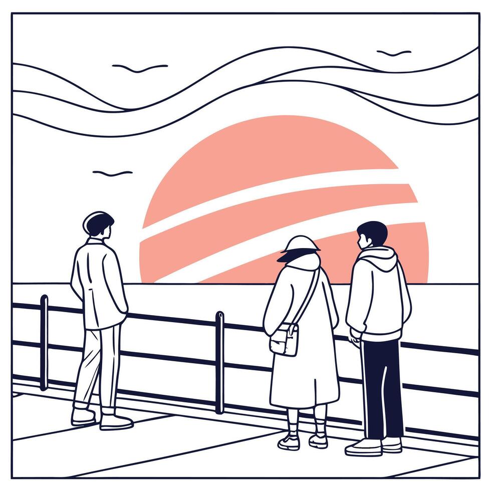Three People Watching Sunset at Oceanside Promenade Minimalist Line Art Illustration vector