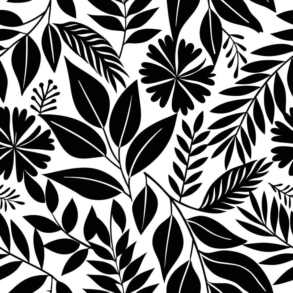 Black and White Floral Seamless Pattern with Various Leaves and Flowers vector